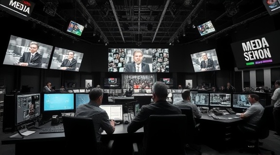 entrenched media dominance, confident, shaping narratives, photorealistic, elaborate media control room, highly detailed, professionals monitoring broadcast feeds, precise clarity, monochromatic tones, artificial lighting, shot with a 24mm lens.