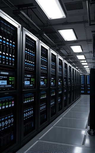 advanced automated syndication, confident, optimizing, photorealistic, high-tech networking operations room with multiple server racks, highly detailed, automated systems and workflow diagrams in motion, monochrome theme, fluorescent lighting, shot with a telephoto zoom lens.