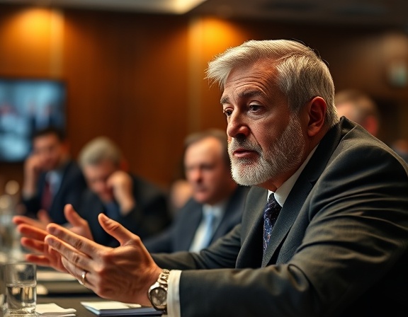 innovative media authority, commanding, leading a discussion, photorealistic, in a boardroom setting with people engaged, highly detailed, dynamic facial expressions, sharp focus, warm tones, spotlight lighting, shot with a 85mm lens.