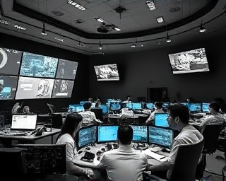 tech-savvy media channels, curious look, integrating technology, photorealistic, high-tech command center with touchscreens, highly detailed, data streaming and teams coordinating, impeccable sharpness, monochrome with accents, overhead lighting, shot with a 24-70mm lens