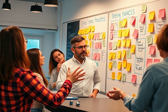 dynamic content marketing, enthusiastic expression, creating digital content, photorealistic, collaborative workspace with digital whiteboards and post-its, highly detailed, teams brainstorming and posting ideas, ultra high definition, saturated tones, soft natural light, shot with a 24mm lens