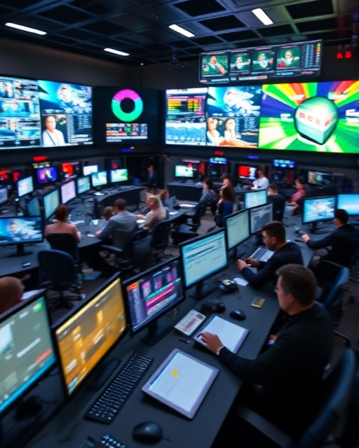busy media traffic, bustling, optimizing channels, photorealistic, in a control center with multiple monitors, highly detailed, movement blurs, high resolution, vibrant colors, LED lighting, shot with a wide-angle lens.