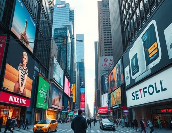 evolving media transformation, thoughtful expression, redefining perspectives, photorealistic, amidst digital billboards in a bustling urban center, highly detailed, augmented reality elements, high resolution, vivid colors, diffused natural lighting, shot with a 24mm lens.
