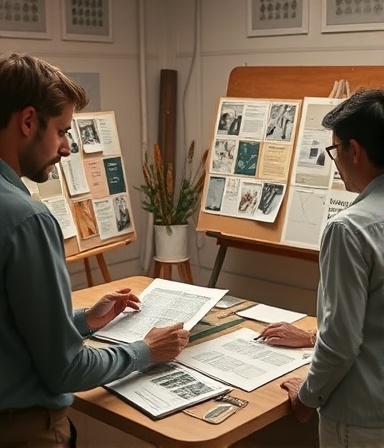 strategic social repurposing, thoughtful, analyzing, photorealistic, concept art studio with mood boards and digital sketches, highly detailed, team members crafting and discussing content layouts, muted palette, diffused softbox lighting, shot with a macro lens.