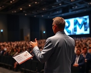 dynamic media authority, commanding expression, presenting a keynote, photorealistic, in a large auditorium with a captivated audience, highly detailed, projection of 3D graphics, cinematic breadth, neutral tones, stage lighting, shot with a 70-200mm zoom lens.