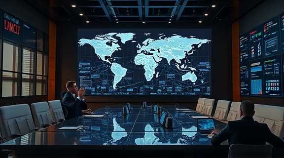 commanding authority network, decisive, leveraging connections, photorealistic, executive board meeting with global reach, highly detailed, interactive screens displaying worldwide data, balanced framing, warm undertones, ambient lighting, shot with a 135mm lens.