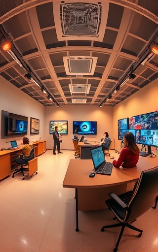 holistic media strategy execution, driven, aligning, photorealistic, cutting-edge innovation lab with VR and AR stations, highly detailed, cross-departmental interaction and seamless digital integration, warm gradient tones, overhead soft diffused lighting, shot with a fisheye lens.
