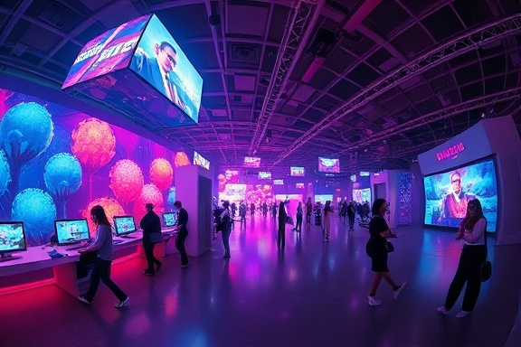 intense channels impact, transformative, altering realities, photorealistic, expansive setting with virtual reality stations, highly detailed, users immersed in alternate worlds, immersive visuals, colorful spectrum, diffused lighting, shot with a fisheye lens.