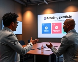 impactful branding media, confident approach, pitching ideas, photorealistic, boardroom with branding materials and logos, highly detailed, professionals engaging and presenting, crystal clear detail, rich earth tones, spotlight, shot with a 70-200mm lens