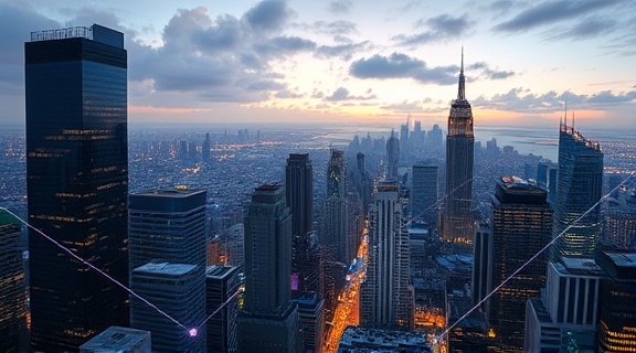 influential authority network, strategic, forming alliances, photorealistic, panoramic view of interconnected cities, highly detailed, data streams linking skyscrapers, dynamic composition, neon accents, twilight lighting, shot with a wide-angle lens.