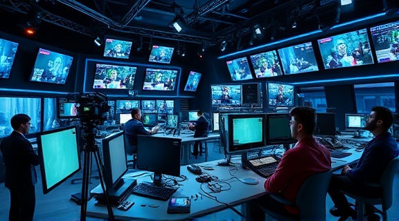 strategic channels power, authoritative, broadcasting news, photorealistic, modern broadcasting station, highly detailed, crew operating complex machinery, high-definition, cool blues, studio lighting, shot with a tilt-shift lens.