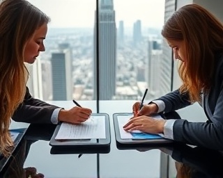 pioneering media partnership, forward-thinking expression, signing an agreement, photorealistic, in a sleek corporate office with panoramic city views, highly detailed, electronic signatures on tablets, pristine focus, cool colors, ambient lighting, shot with a 50mm lens.