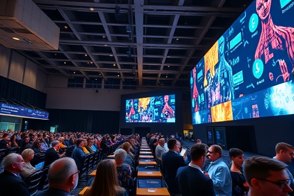 expansive media visibility, focused, enhancing online presence, photorealistic, in a tech conference hall with large displays, highly detailed, interactive elements, medium contrast, mixed lighting, shot with a 24-70mm lens.