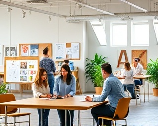 holistic marketing agency, collaborative gesture, designing solutions, photorealistic, spacious creative studio with mood boards and models, highly detailed, multiple teams working simultaneously, precision clarity, pastel hues, diffused lighting, shot with a 35mm lens