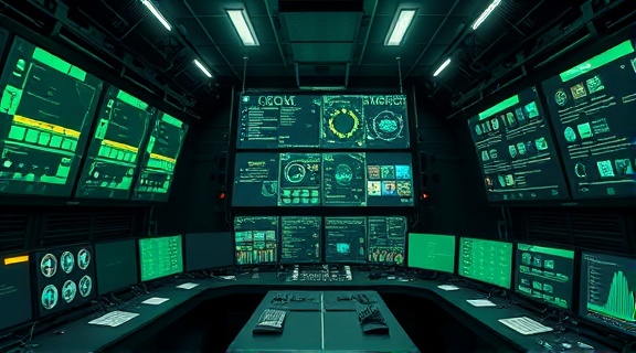 overarching media dominance, overwhelming, dictating information flow, photorealistic, digital command center, highly detailed, large control panels with glowing interfaces, sharp details, muted greens, industrial lighting, shot with a 16-35mm lens.