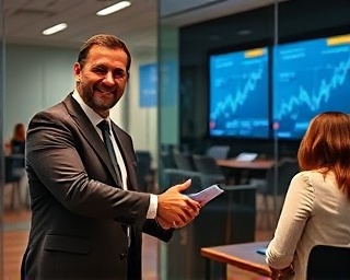 collaborative media partnership, confident expression, shaking hands, photorealistic, in a modern conference room with glass walls, highly detailed, digital charts on screens, ultra-sharp detail, warm earth tones, overhead lighting, shot with an 85mm lens.