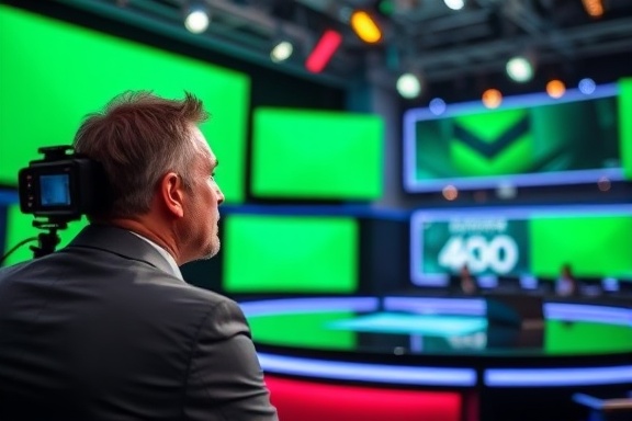 innovative media content, captivating expression, capturing attention, photorealistic, lively news studio with green screens, highly detailed, pixel transitions, 8K resolution, vibrant colors, diffused spotlights, shot with a 50mm prime lens.