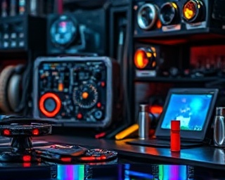 cutting-edge media innovation, inspired expression, creating a prototype, photorealistic, in a tech lab filled with gadgets and tools, highly detailed, holographic interfaces, macro detail, metallic colors, focused beam lighting, shot with a 100mm macro lens.