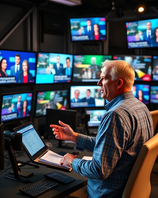 diverse media channels, engaging demeanor, planning campaign, photorealistic, newsroom-style environment with multiple monitors, highly detailed, channels streaming news and ads, high resolution, full spectrum color, studio lighting, shot with a 85mm lens
