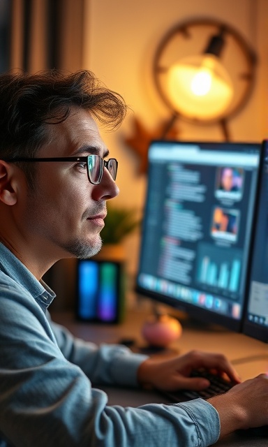 interactive media website, curious expression, surfing the web, photorealistic, cozy home office with dual monitors, highly detailed, scrolling animations, ultra-high definition, soft pastels, ambient lamp glow, shot with a 85mm portrait lens.