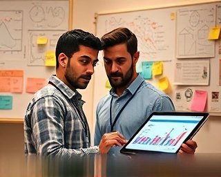 innovative media strategy, pensive expression, strategizing a plan, photorealistic, surrounded by whiteboards and sticky notes in a creative studio, highly detailed, animated graphs on tablets, fine texture, vibrant colors, spot lighting, shot with a 35mm lens.