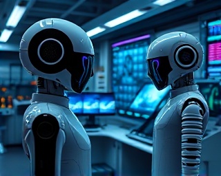groundbreaking media innovation, innovative expression, developing new technology, photorealistic, in a futuristic research facility with robotic assistants, highly detailed, AI-driven displays, extreme detail, high contrast, LED lighting, shot with a 24-70mm lens.