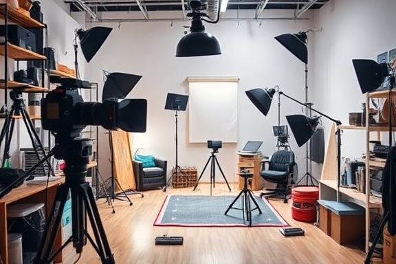 creative media content, inspired, crafting digital narratives, photorealistic, in a bright studio with digital equipment, highly detailed, cluttered but organized, high saturation, soft diffused lighting, shot with a 35mm lens.