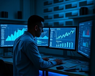 strategic SEO strategy, focused mindset, analyzing data, photorealistic, analytical lab-like office with computers and charts, highly detailed, graphs and statistical data on screens, crisp quality, cool color palette, LED backlighting, shot with a 35mm lens