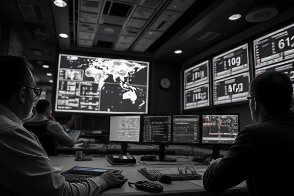 dominant channels power, regulatory, maintaining order, photorealistic, high-tech monitoring facility, highly detailed, operators analyzing global networks, technological precision, black and white, ambient lighting, shot with a macro lens.