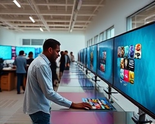 strategic media transformation, proactive expression, designing a campaign, photorealistic, at a digital marketing firm's open space with monitors, highly detailed, interactive touchscreens, sharp clarity, pastel colors, bright diffused lighting, shot with a 16mm lens.