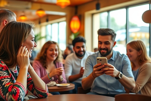 trendy media social, enthusiastic expression, sharing content, photorealistic, vibrant café with people interacting, highly detailed, notifications popping up, hyper-realistic resolution, bright primary colors, indirect sunrays, shot with a 70-200mm telephoto lens.